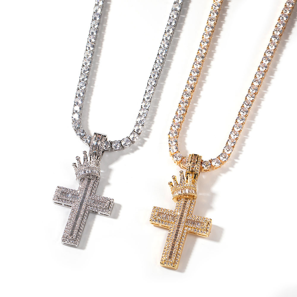 crown cross pendant necklace men Hip Hop punk fashion personality wide GRA moissanite diamond 18k gold sterling silver cuban link chain women