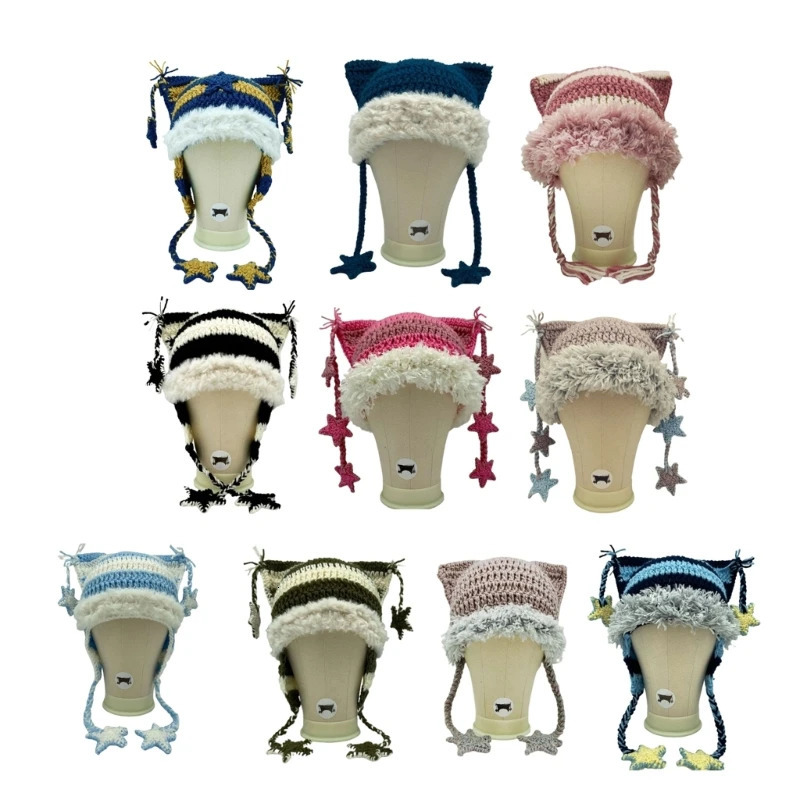 Pink Girl Y2K-theme Party Hat Knitted Hat Balaclava-hat Thicken Devil Hat Cat Ear Hat Harajuku Po Prop 231229