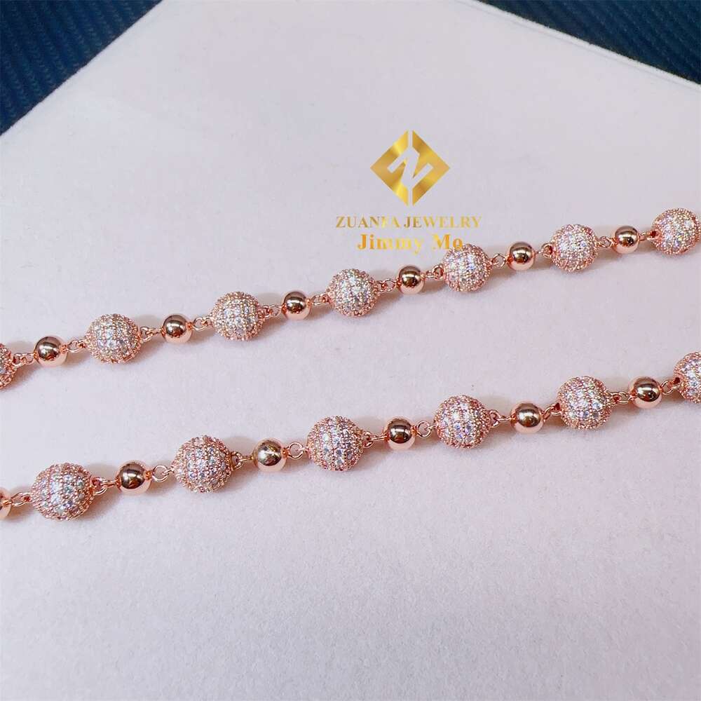 Customized 8mm Iced Out Hip Hop Chain Jewelry Sterling Sier Rose Gold Plated Vvs Moissanite Ball Bead Cuban Necklace