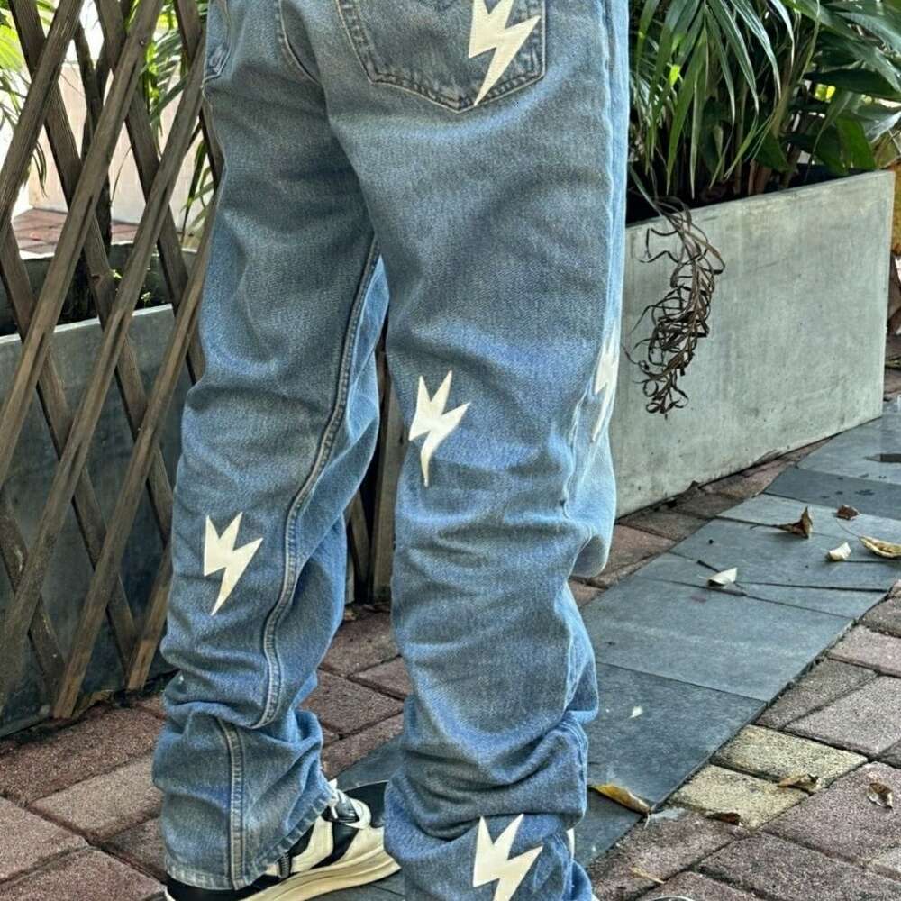 High street loose-fitting straight wash fashion brand pants Lightning pants