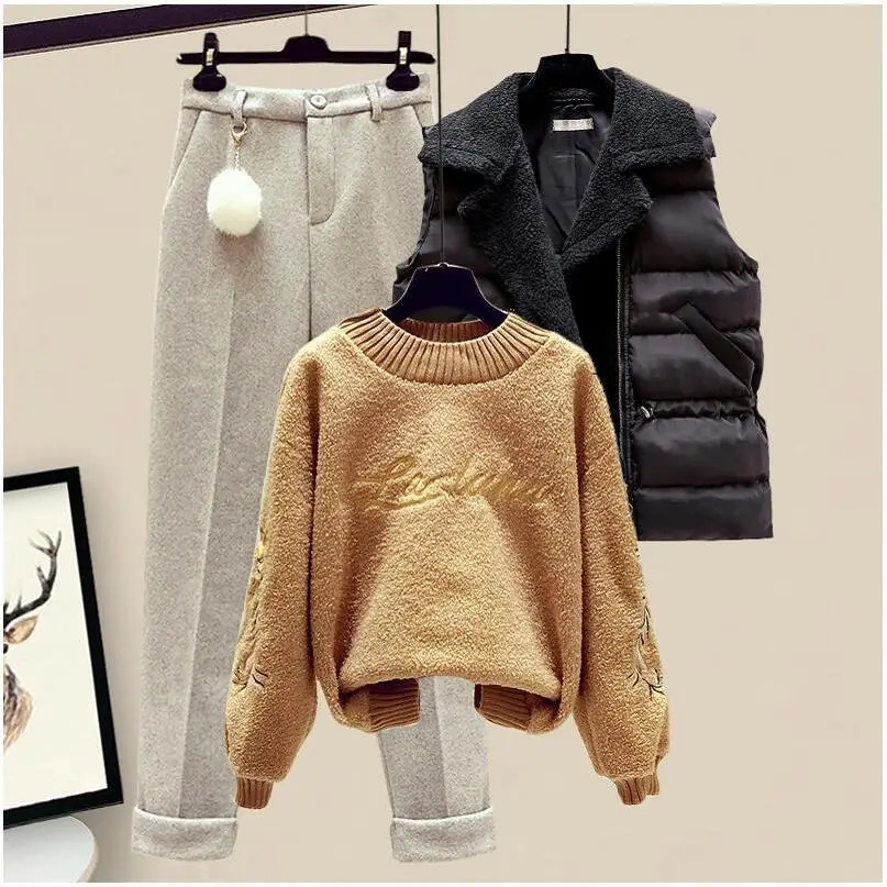 Thickened Cotton Jacket Vest Knitted Long Sleeved Sweater Pullover Woolen Pants Three Piece Elegant Womens Set 231229