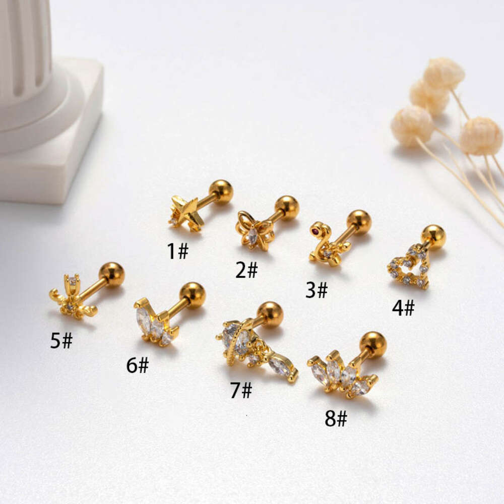 Wolf Tide Earring Screw Flower Heart Barbell Studs Surgical Stainless Steel Ear Ring Earrings Popular Piercing Cubic Zircon Screws Ear Bone Stud Body 