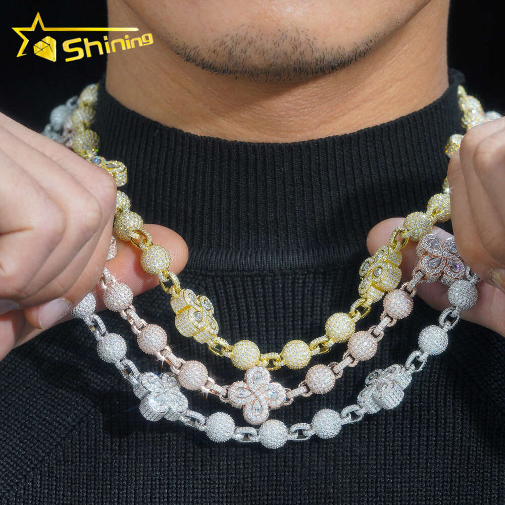 Hip Hop Necklace Iced Out Top Quality Moissanite Dia Ball Chains Men Women Clover Design and Bracelet