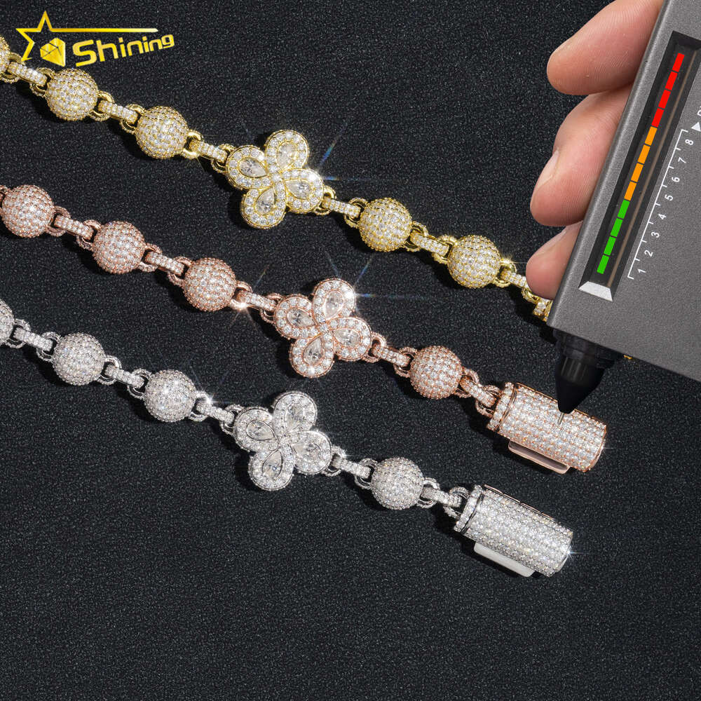 Hip Hop Necklace Iced Out Top Quality Moissanite Dia Ball Chains Men Women Clover Design and Bracelet