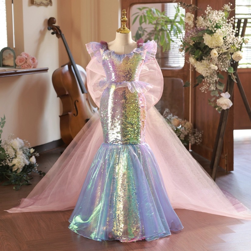 Princess rainbow Flower Girl Dresses 2024 blingbling sequined Cute Jewel Neck Big Bow Sash Appliqued Ruffles mermaid Toddler baby girl Birthday Party 