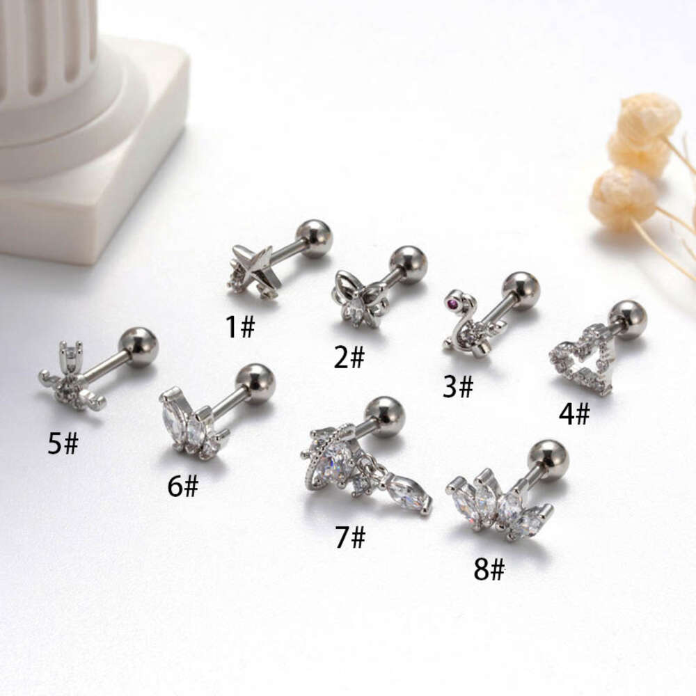 Wolf Tide Earring Screw Flower Heart Barbell Studs Surgical Stainless Steel Ear Ring Earrings Popular Piercing Cubic Zircon Screws Ear Bone Stud Body 