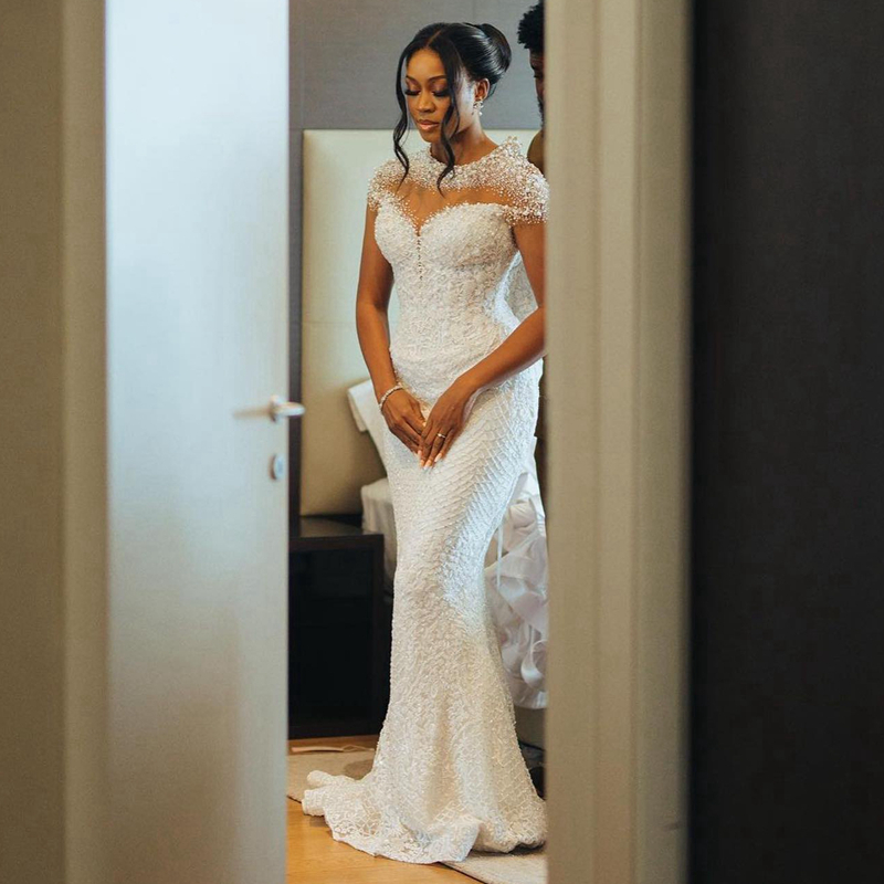 Aso Ebi Wedding Dresses Sheer Neck Illusion Short Sleeves Tulle Lace Bridal Gowns for African Black Women Bride Mermaid Marriage Dress with Detachable