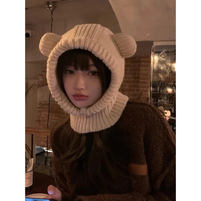 Korean Version Cute Little Bear Ear Pullover Knit Hat For Women Autumn And Winter Warm Balaclava Hat Plush Integrated Caps 231229