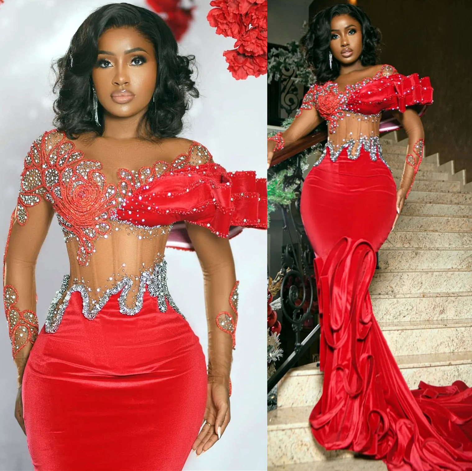 Ebi Aso Dark Red Mermaid Prom Dress Sheer Neck Veet Evening Formal Party Second Reception Birthday Engagement Gowns Dresses Robe De Soiree Zj es