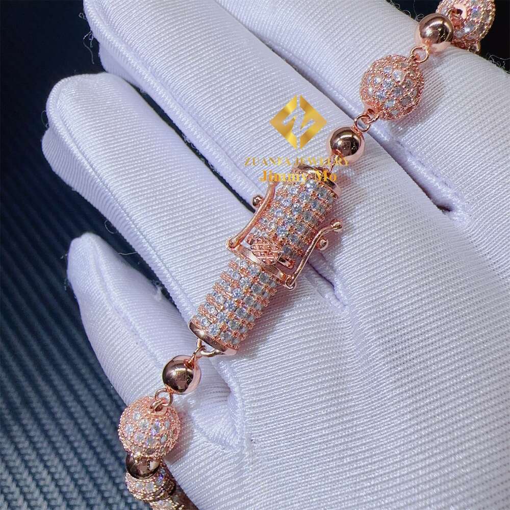 Customized 8mm Iced Out Hip Hop Chain Jewelry Sterling Sier Rose Gold Plated Vvs Moissanite Ball Bead Cuban Necklace
