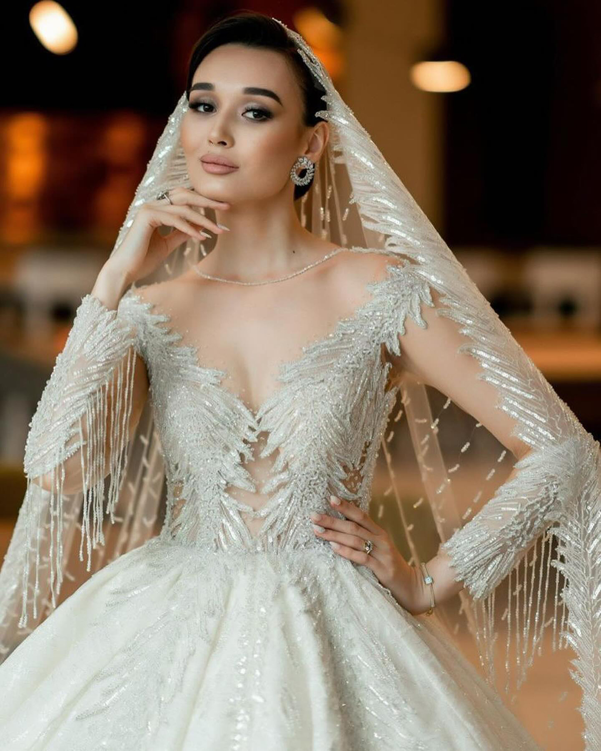 Modern 3D-Flower-Lace A-Line Wedding Dress V-Neck Tassel Long Sleeve Ball Gown Plus Size Brush Train Bridal Gowns Dress Vestido De Novia Customized D-