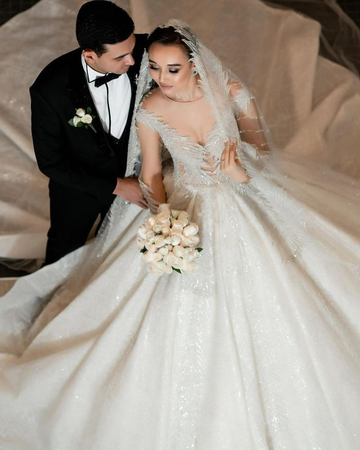 Modern 3D-Flower-Lace A-Line Wedding Dress V-Neck Tassel Long Sleeve Ball Gown Plus Size Brush Train Bridal Gowns Dress Vestido De Novia Customized D-