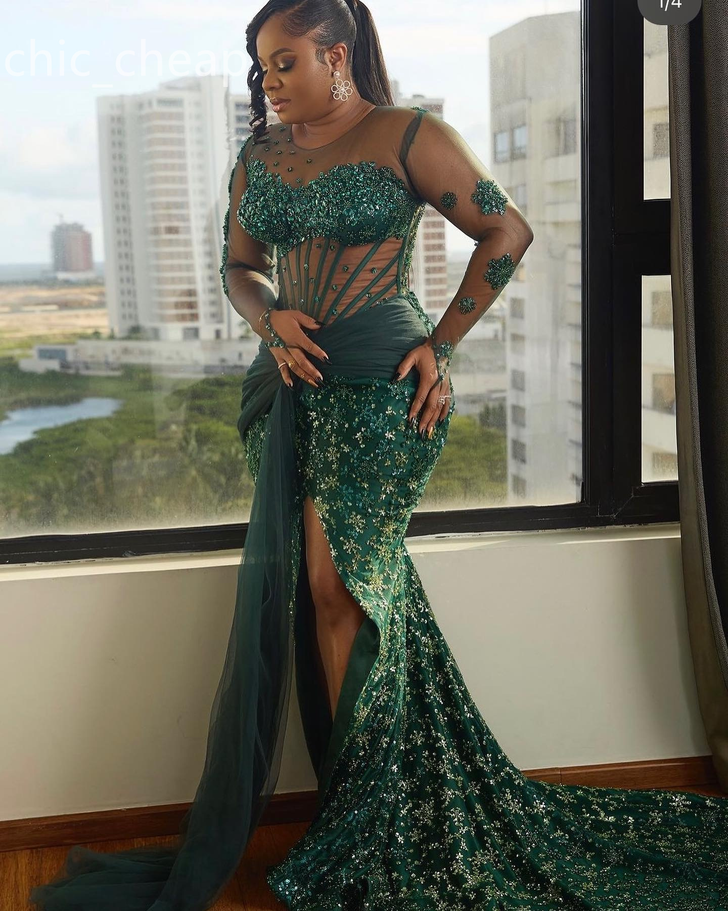 2024 Aso Ebi Dark Green Mermaid Prom Dress Crystals Beaded Sequined Evening Formal Party Second Reception Birthday Engagement Gowns Dresses Robe De So