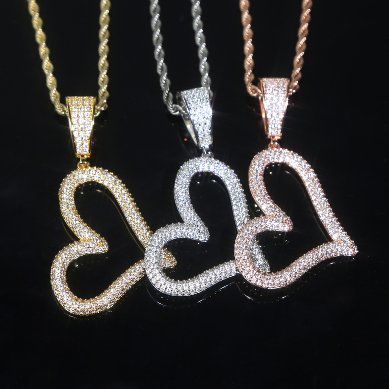 Trendy Tilted Hollow Heart Pendant Necklace Glossy Charms Iced Out Prong Setting CZ Cubic Zirconia Hip Hop Women Gift Jewelry