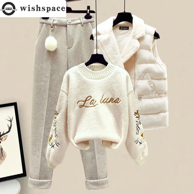Thickened Cotton Jacket Vest Knitted Long Sleeved Sweater Pullover Woolen Pants Three Piece Elegant Womens Set 231229