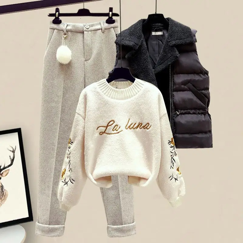 Thickened Cotton Jacket Vest Knitted Long Sleeved Sweater Pullover Woolen Pants Three Piece Elegant Womens Set 231229