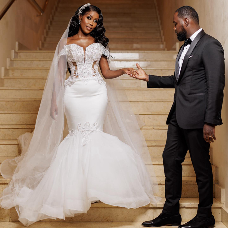 Plus Size Aso Ebi Wedding Dresses Mermaid Off Shoulder Illusion Sexy Bridal Gowns for African Arabic Nigeria Black Women Bride Tiered Tulle Marriage D