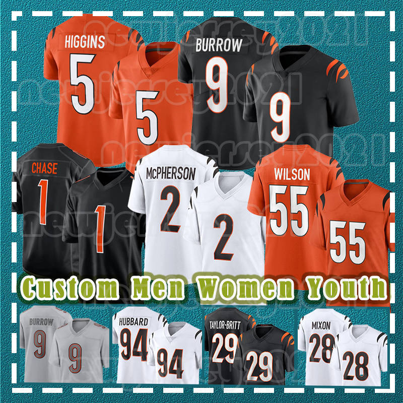 9 Joe Burrow 1 Ja'Marr Chase Football Jerseys Cam Taylor-Britt Tee Higgins Sam Hubbard Evan McPherson Andrei Iosivas Trey Hendrickson Mike Gesicki Orlando Brown Hill