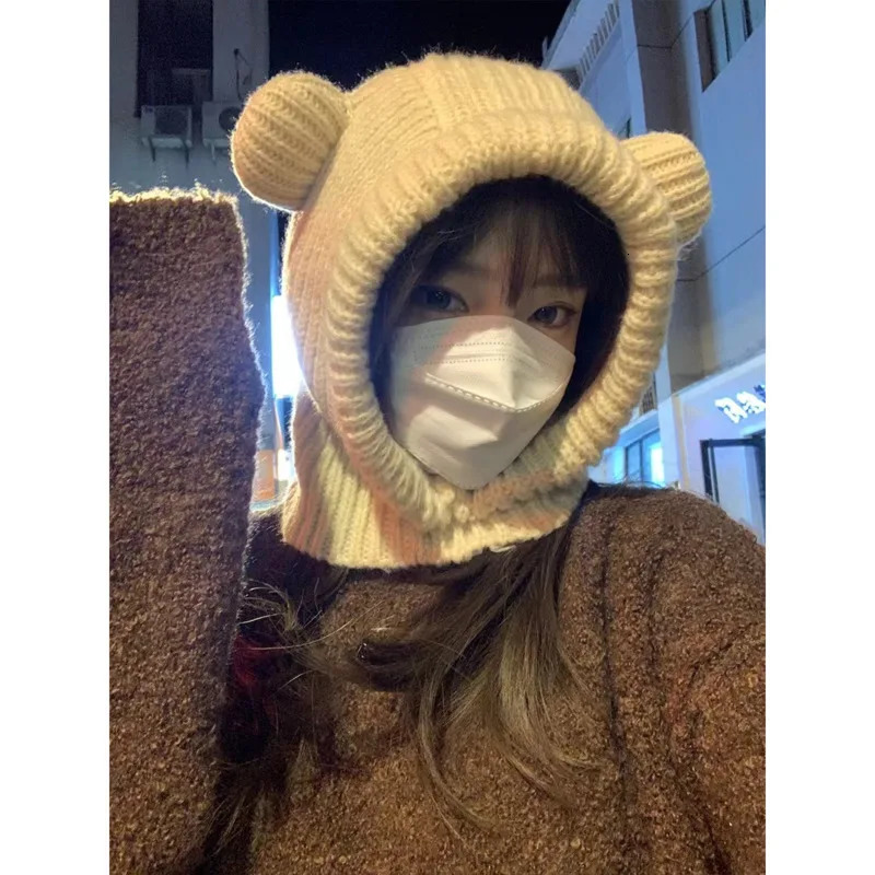 Korean Version Cute Little Bear Ear Pullover Knit Hat For Women Autumn And Winter Warm Balaclava Hat Plush Integrated Caps 231229