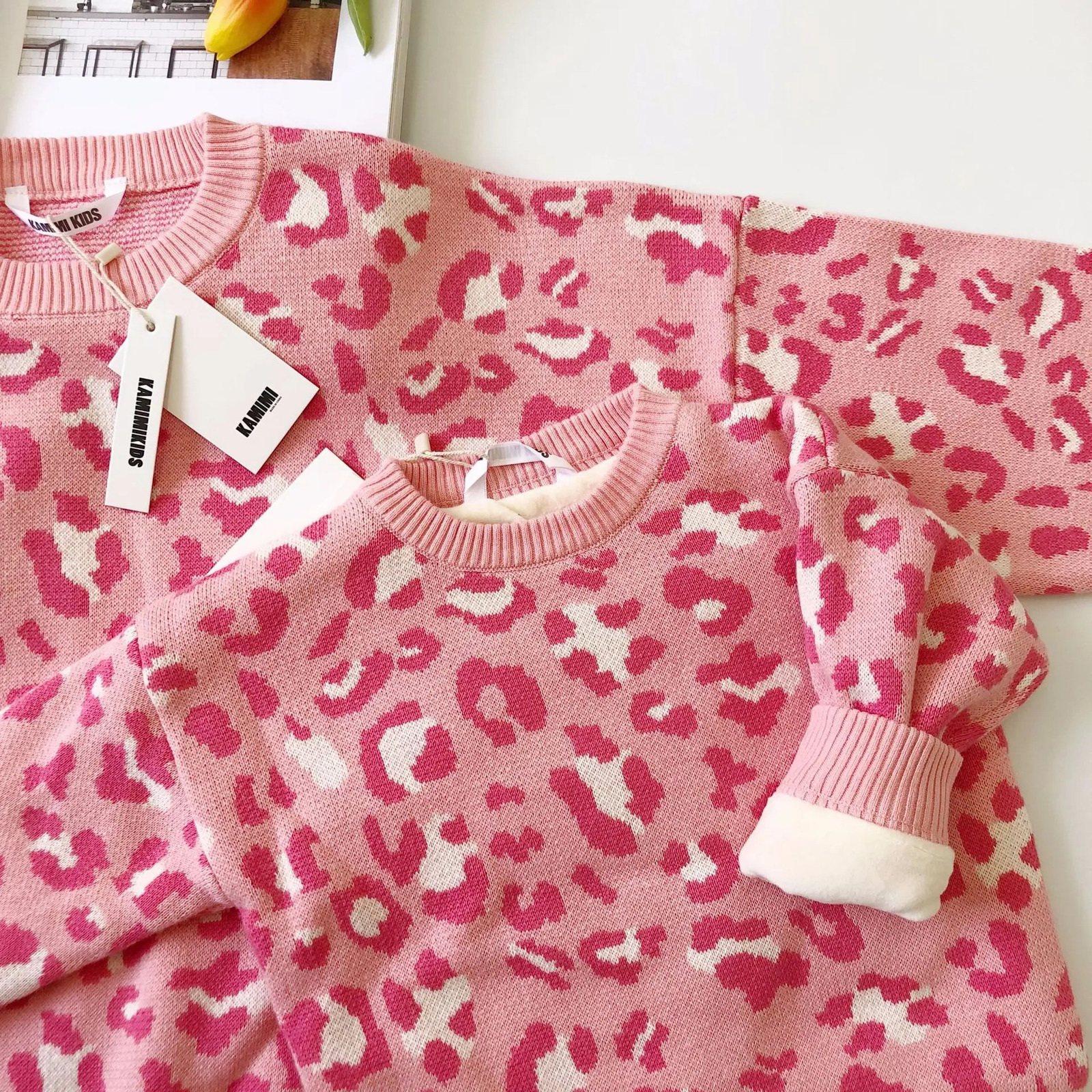 Tonytaobaby Winterwear Baby Leopard Knitted Jacquard Plush Sweater Parent-Child Dress 231229