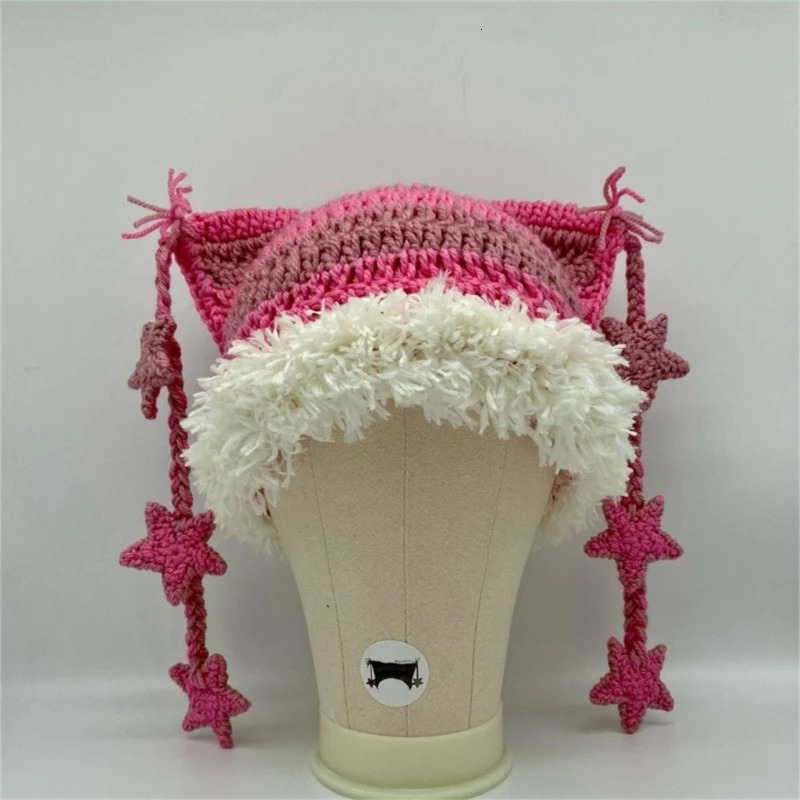 Pink Girl Y2K-theme Party Hat Knitted Hat Balaclava-hat Thicken Devil Hat Cat Ear Hat Harajuku Po Prop 231229
