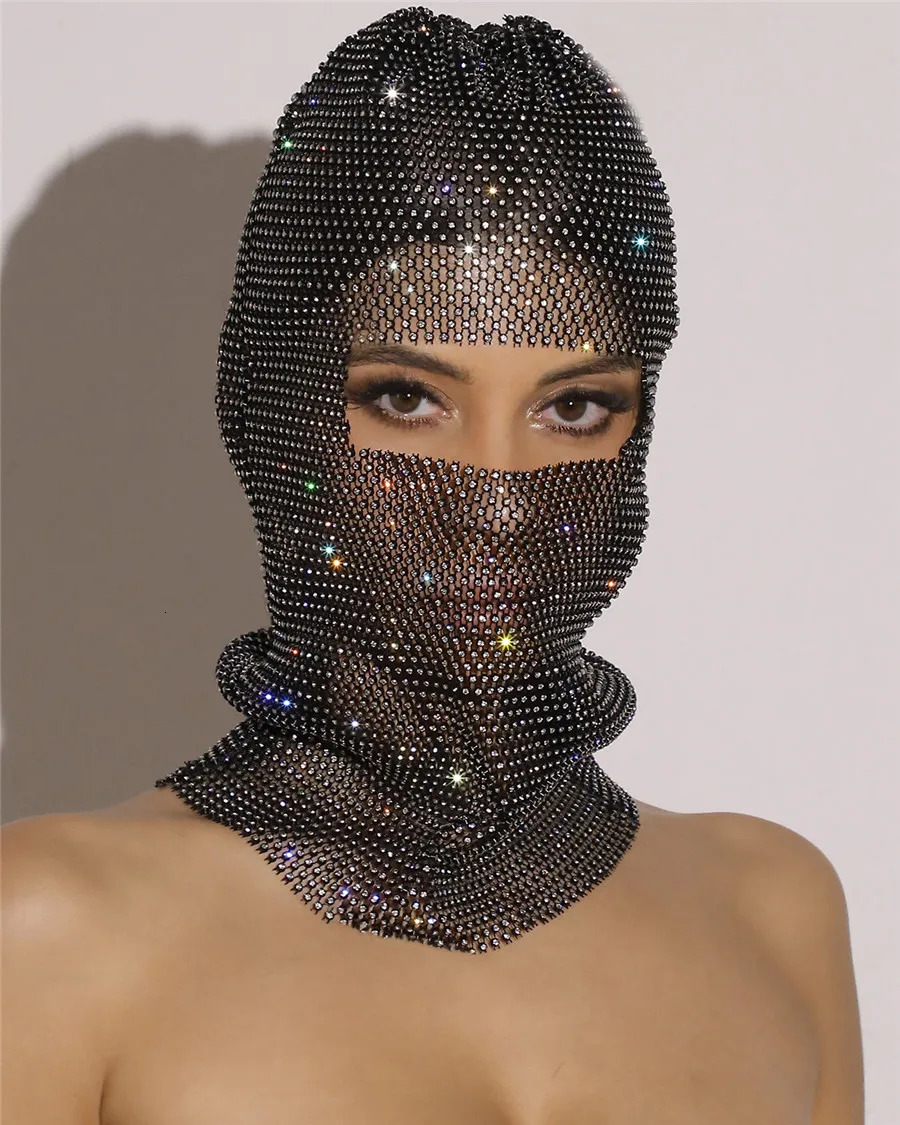 Y2K Balaclava Sparkly Diamonds Hat Turban Women Hollow Fishnet Rhinestone Headhood Club Rave Party Head Mask Headwrap Headcover 231229