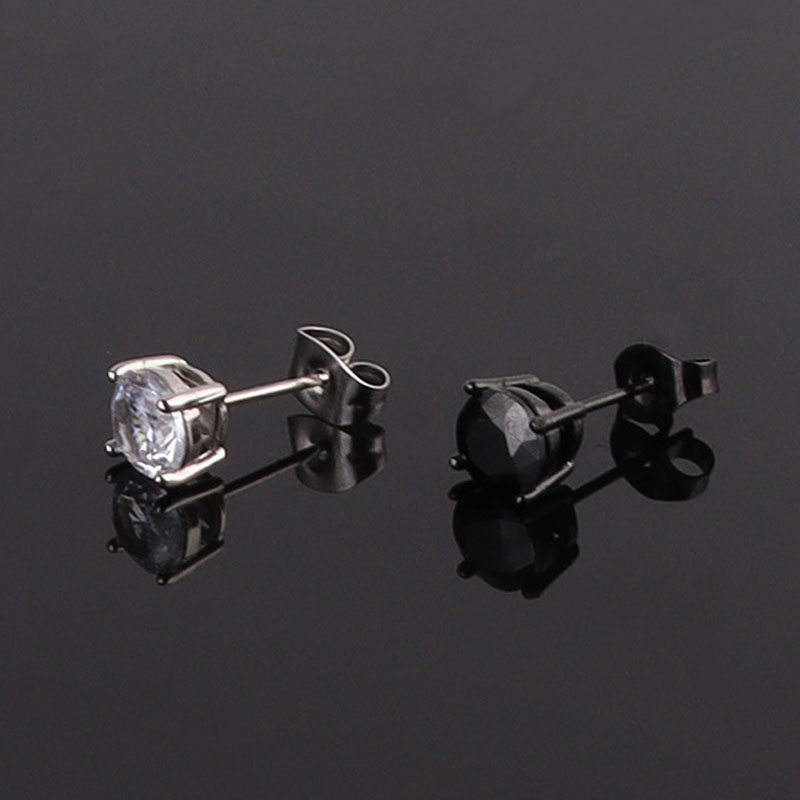 18K White Gold Plated Zirconia Men Earring Round Square Zircon 4 Claws Men's Stud Earring Cool Black Crystal Earring for Men Boyfriend Husband Je