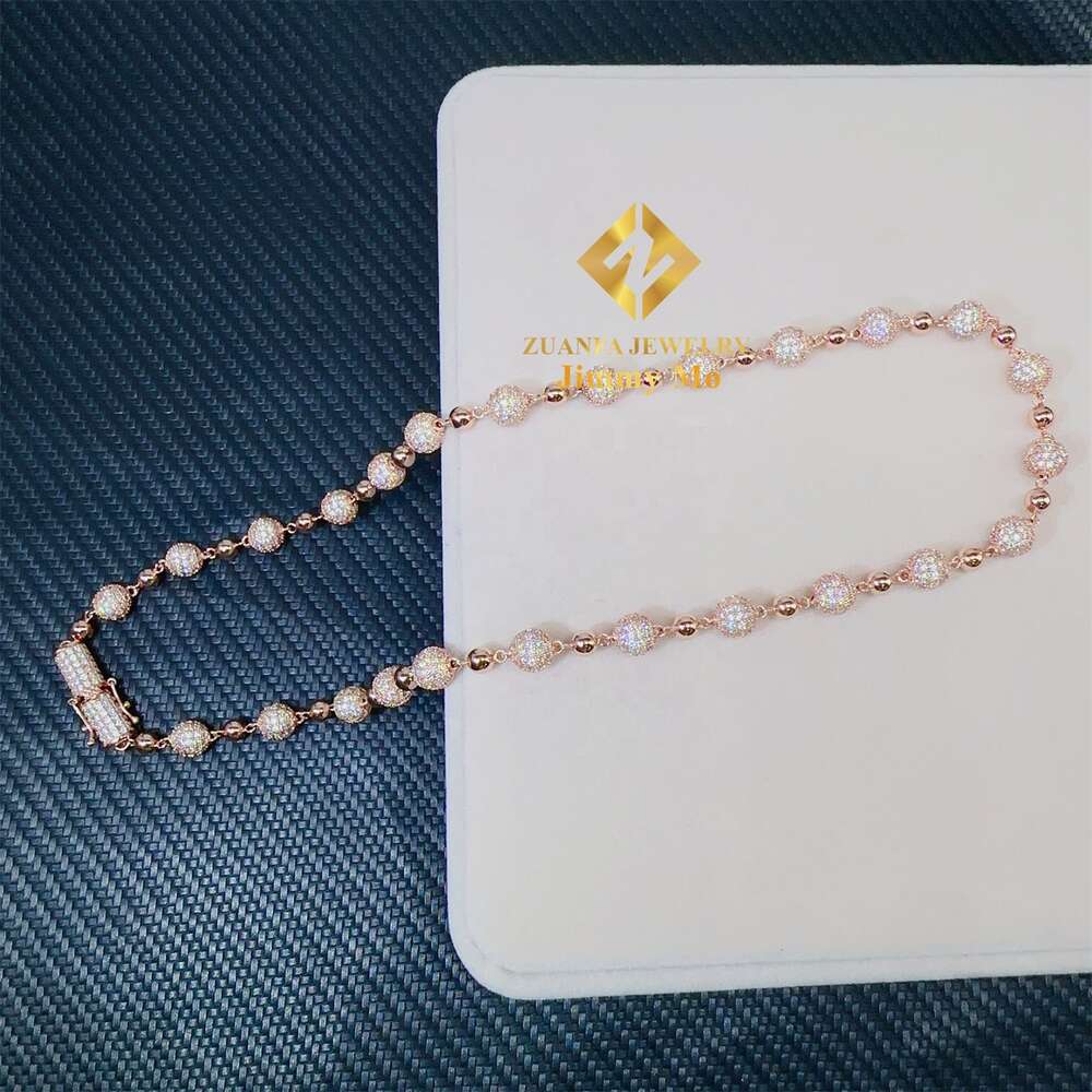 Customized 8mm Iced Out Hip Hop Chain Jewelry Sterling Sier Rose Gold Plated Vvs Moissanite Ball Bead Cuban Necklace