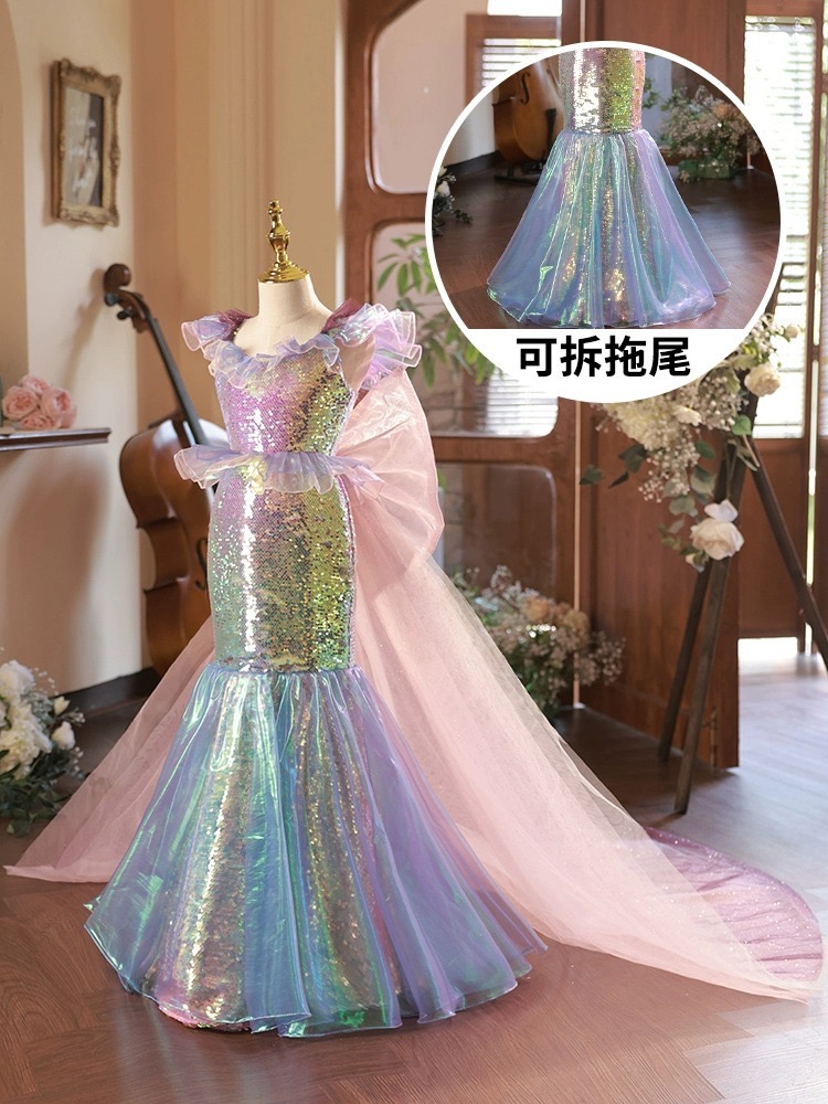 2024 Colorful Mermaid Flower Girl Dresses For Wedding Spaghetti Lace Floral Appliques Tiered Skirts Girls Pageant Dress With Detachable Tail Kids Birt