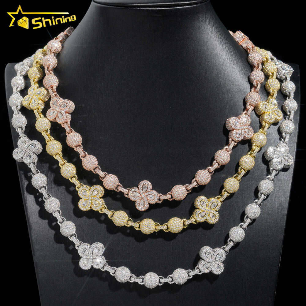 Hip Hop Necklace Iced Out Top Quality Moissanite Dia Ball Chains Men Women Clover Design and Bracelet