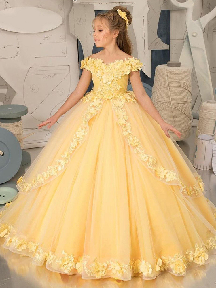 Yellow Princess Wer Girls Dresses For Wedding Off The Shoulder Birthday Party 2024 3D Ral Lace Appliques Kids Formal Wear Toddler Girl Long Train Page