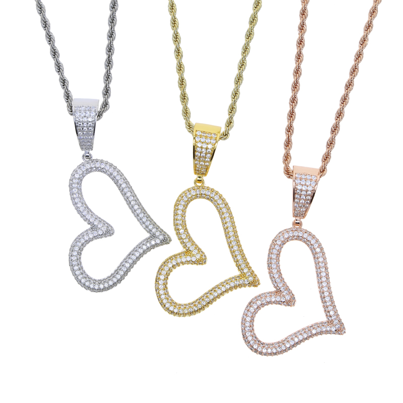 Trendy Tilted Hollow Heart Pendant Necklace Glossy Charms Iced Out Prong Setting CZ Cubic Zirconia Hip Hop Women Gift Jewelry