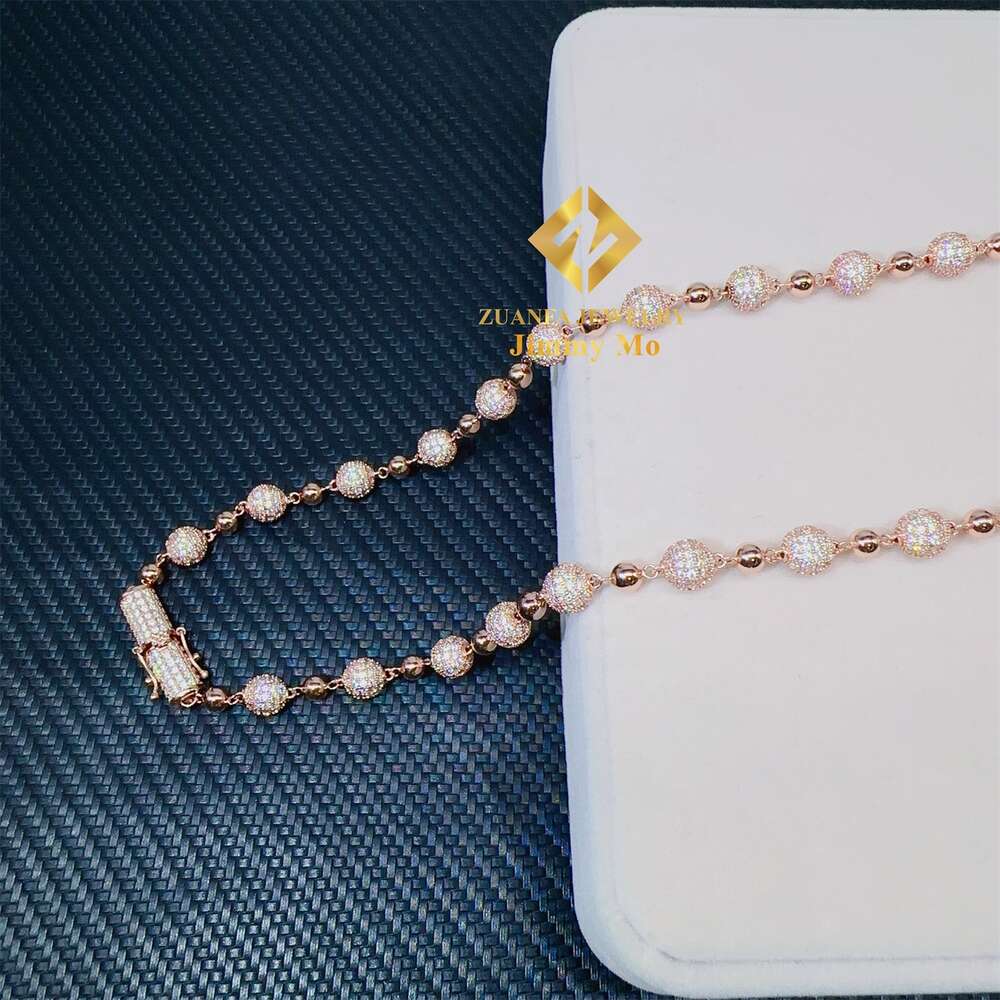 Customized 8mm Iced Out Hip Hop Chain Jewelry Sterling Sier Rose Gold Plated Vvs Moissanite Ball Bead Cuban Necklace
