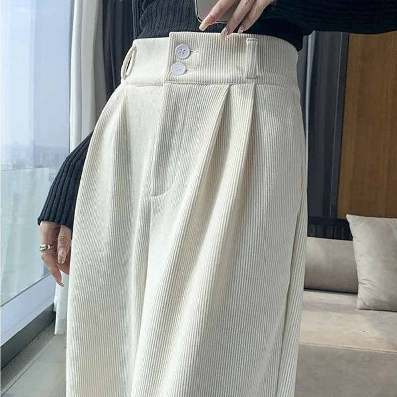 Korean Fashion Womens Pants Winter Plus Velvet Wide Leg Casual Woman Pant High Waist Straight Women Loose Trousers 231229