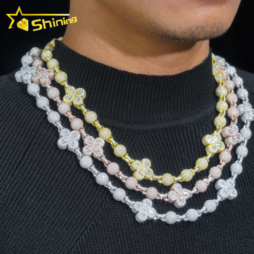Hip Hop Necklace Iced Out Top Quality Moissanite Dia Ball Chains Men Women Clover Design and Bracelet