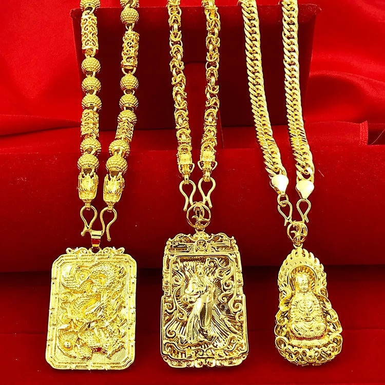 18k Yellow Gold Necklace for Women Men Hollow Guanyin Golden Dragon Pendant Necklace Wedding Engagement Not Fade Jewelry Gift 231229