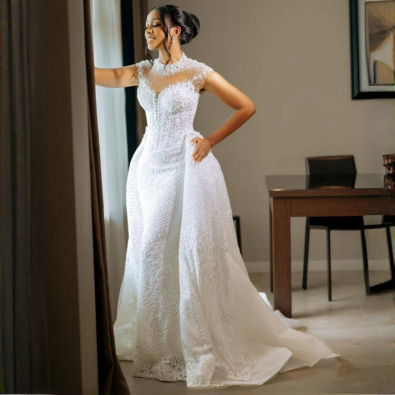 Aso Ebi Wedding Dresses Sheer Neck Illusion Short Sleeves Tulle Lace Bridal Gowns for African Black Women Bride Mermaid Marriage Dress with Detachable