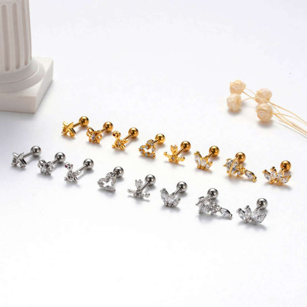 Wolf Tide Earring Screw Flower Heart Barbell Studs Surgical Stainless Steel Ear Ring Earrings Popular Piercing Cubic Zircon Screws Ear Bone Stud Body 