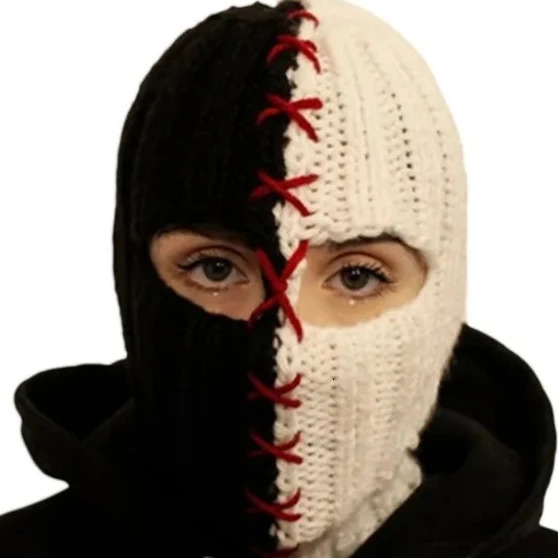 Terrifying Ghost Knitted Winter Balaclava Bucket Hat Full-Head Halloween Cosplay Black and White Stitching Balaclava 231229