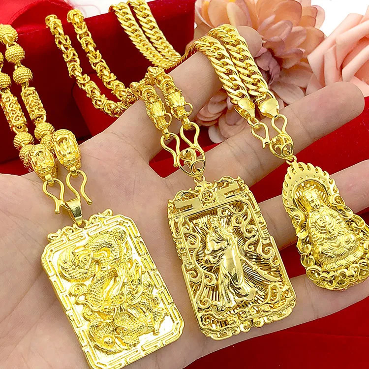 18k Yellow Gold Necklace for Women Men Hollow Guanyin Golden Dragon Pendant Necklace Wedding Engagement Not Fade Jewelry Gift 231229