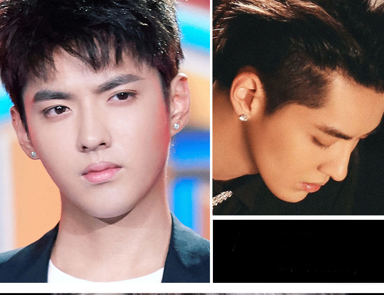 18K White Gold Plated Zirconia Men Earring Round Square Zircon 4 Claws Men's Stud Earring Cool Black Crystal Earring for Men Boyfriend Husband Je