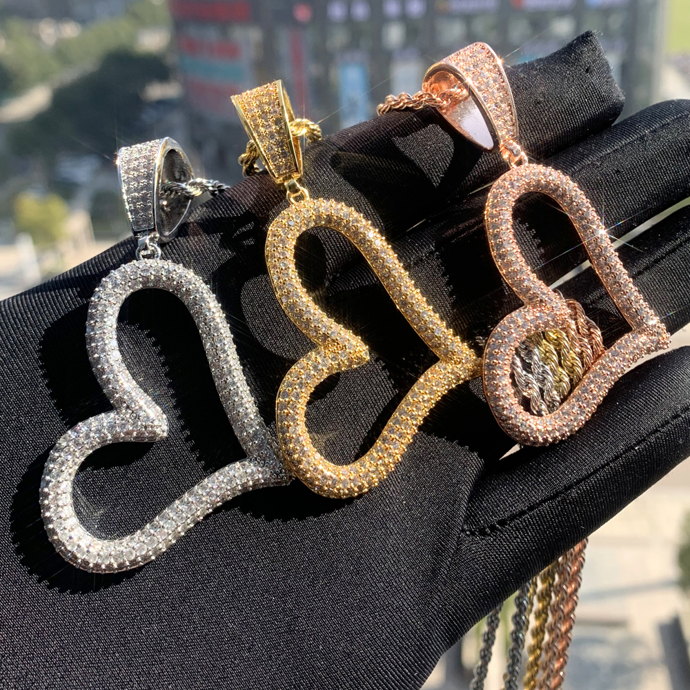 Trendy Tilted Hollow Heart Pendant Necklace Glossy Charms Iced Out Prong Setting CZ Cubic Zirconia Hip Hop Women Gift Jewelry