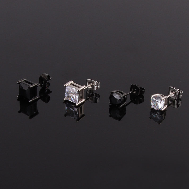 18K White Gold Plated Zirconia Men Earring Round Square Zircon 4 Claws Men's Stud Earring Cool Black Crystal Earring for Men Boyfriend Husband Je