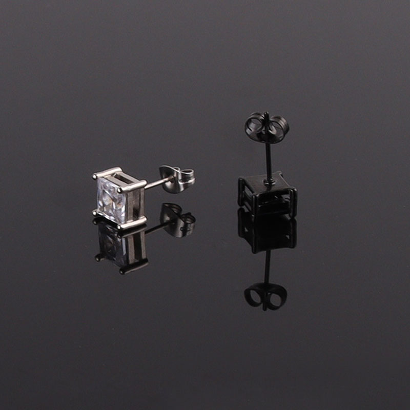18K White Gold Plated Zirconia Men Earring Round Square Zircon 4 Claws Men's Stud Earring Cool Black Crystal Earring for Men Boyfriend Husband Je
