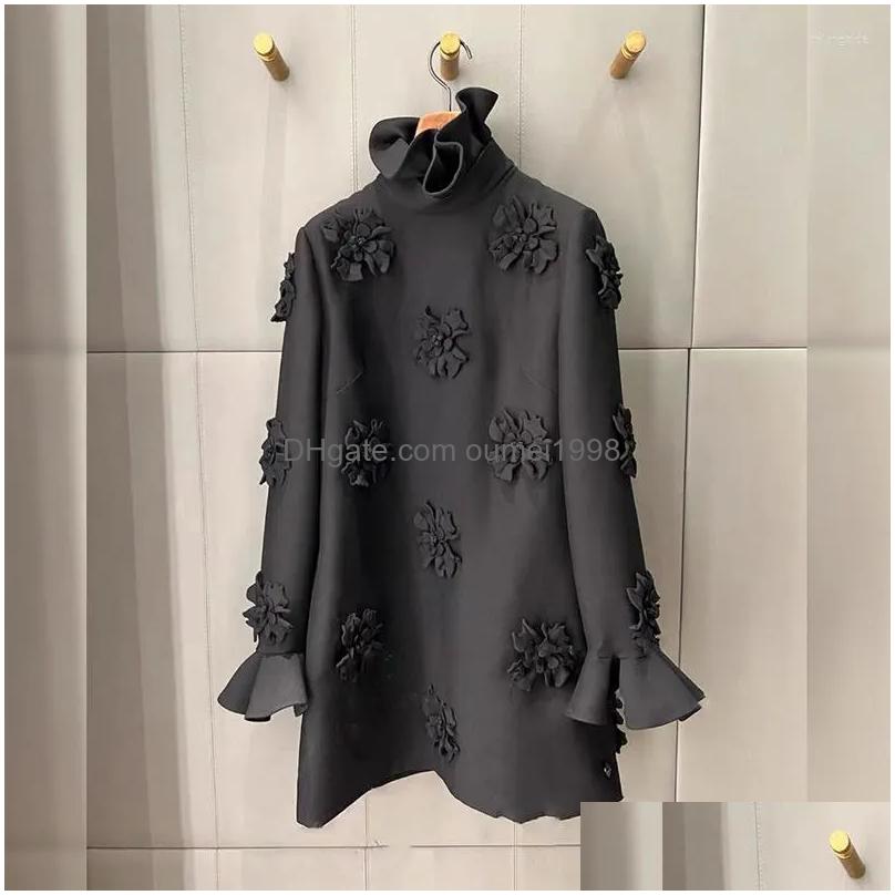 Basic Casual Dresses Borvemays Black Ruffles Stand Collar Dress Temperament Loose Women 2023 Spring Fashion Chic High Quality Drop Dhmxa