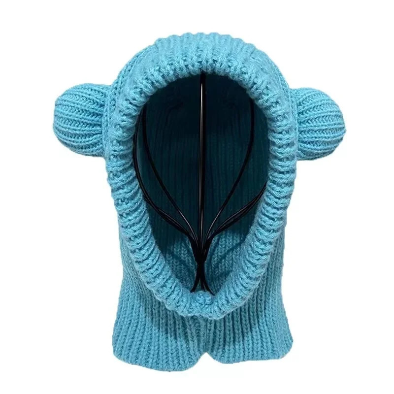 Korean Version Cute Little Bear Ear Pullover Knit Hat For Women Autumn And Winter Warm Balaclava Hat Plush Integrated Caps 231229