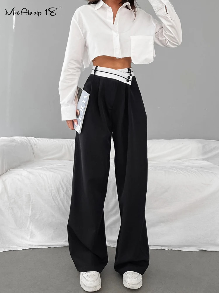 Mnealways18 Patchwork Wide Leg Pants Women Black Contrast Casual High Waist Autumn Winter Baggy Trouser Office Ladies 231229