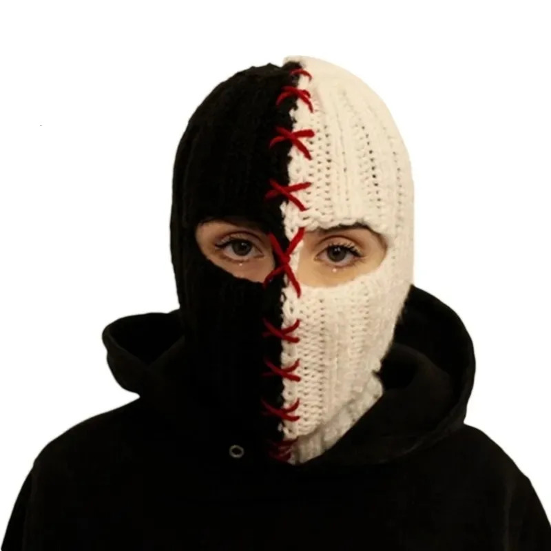 Terrifying Ghost Knitted Winter Balaclava Bucket Hat Full-Head Halloween Cosplay Black and White Stitching Balaclava 231229