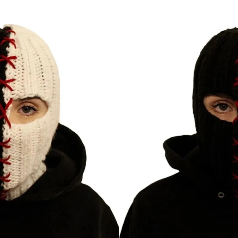 Terrifying Ghost Knitted Winter Balaclava Bucket Hat Full-Head Halloween Cosplay Black and White Stitching Balaclava 231229