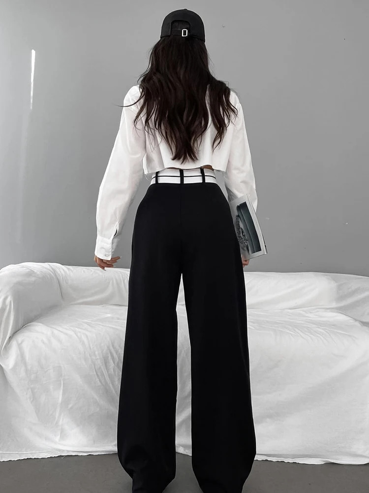 Mnealways18 Patchwork Wide Leg Pants Women Black Contrast Casual High Waist Autumn Winter Baggy Trouser Office Ladies 231229